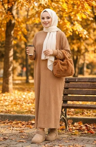 فستان كريب بأكمام خفاش 2000-05 بني فاتح 2000-05