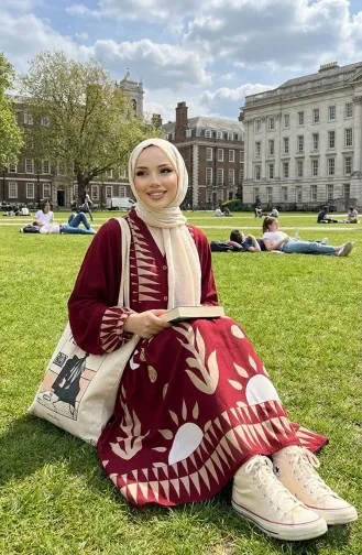 فستان من قماش الفيسكوز بأزرار نصفية 0075-04 أحمر كلاريت 0075-04