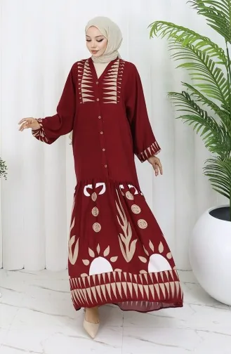 فستان من قماش الفيسكوز بأزرار نصفية 0075-04 أحمر كلاريت 0075-04