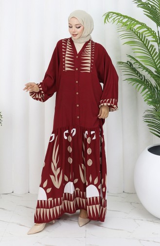 Viskon Kumaş Yarım Düğmeli Elbise 0075-04 Bordo