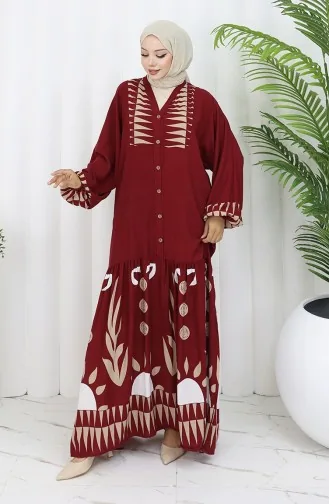 فستان من قماش الفيسكوز بأزرار نصفية 0075-04 أحمر كلاريت 0075-04