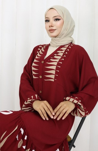 Viskon Kumaş Yarım Düğmeli Elbise 0075-04 Bordo