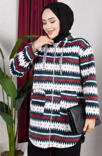 Patterned Hooded Plush Cardigan 2062-01 Khaki Black 2062-01