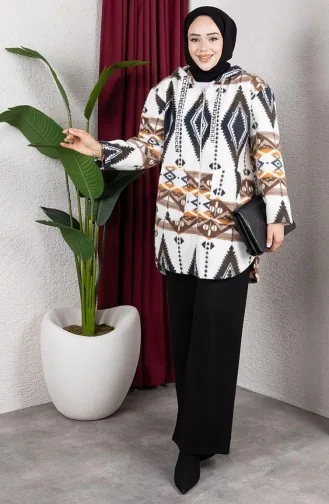 Desenli Kapüşonlu Peluş Hırka 2062-02 Kahverengi