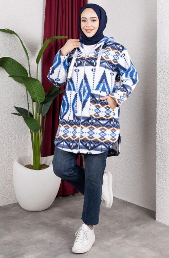 Patterned Hooded Plush Cardigan 2062-08 Navy Blue 2062-08