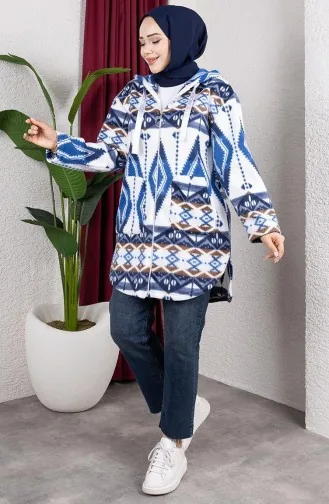 Patterned Hooded Plush Cardigan 2062-08 Navy Blue 2062-08