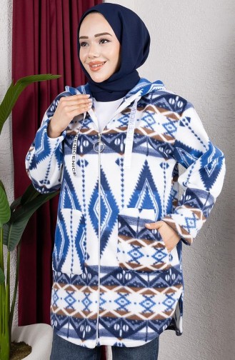 Patterned Hooded Plush Cardigan 2062-08 Navy Blue 2062-08