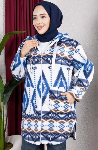 Patterned Hooded Plush Cardigan 2062-08 Navy Blue 2062-08