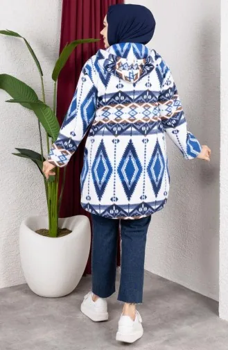 Patterned Hooded Plush Cardigan 2062-08 Navy Blue 2062-08