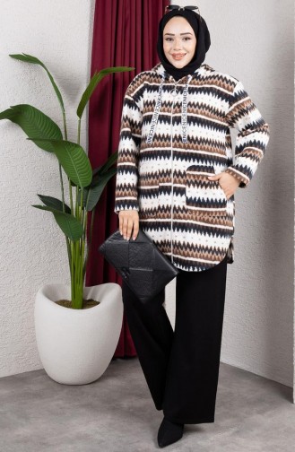 Gestreept Pluchen Vest Met Capuchon 2062-09 Bruin 2062-09