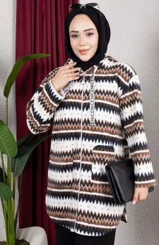 Desenli Kapüşonlu Peluş Hırka 2062-09 Kahverengi