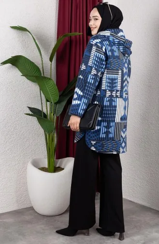 Patterned Hooded Plush Cardigan 2062-11 Indigo 2062-11
