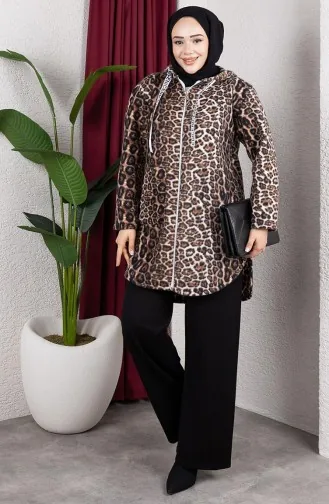 Desenli Kapüşonlu Peluş Hırka 2062-12 Leopar