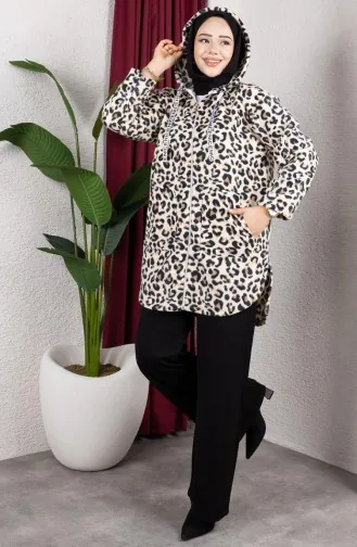 Desenli Kapüşonlu Peluş Hırka 2062-13 Vizon