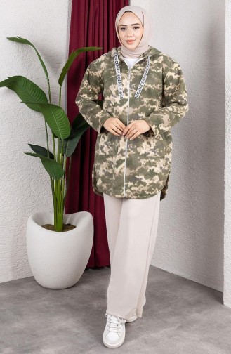 Patterned Hooded Plush Cardigan 2062-14 Khaki 2062-14