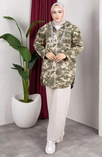 Gilet En Peluche à Capuche à Motifs 2062-14 Kaki 2062-14