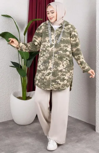 Gilet En Peluche à Capuche à Motifs 2062-14 Kaki 2062-14