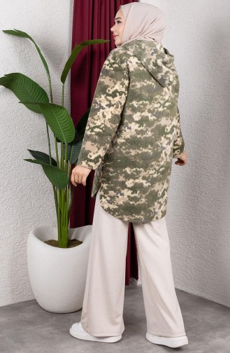 Patterned Hooded Plush Cardigan 2062-14 Khaki 2062-14