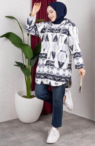 Patterned Hooded Plush Cardigan 2062-15 Gray 2062-15