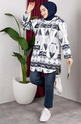 Desenli Kapüşonlu Peluş Hırka 2062-15 Gri