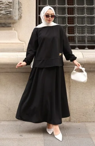 Zweiteiliges Set Aus Scuba-Stoff Mit Hijab-Tunika Und Rock 0221-01 Schwarz 0221-01