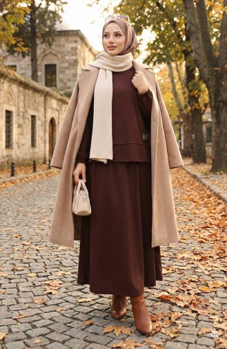 Zweiteiliges Set Aus Scuba-Stoff Mit Hijab-Tunika Und Rock 0221-04 Braun 0221-04