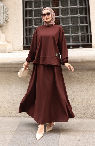 Zweiteiliges Set Aus Scuba-Stoff Mit Hijab-Tunika Und Rock 0221-04 Braun 0221-04