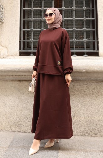 Zweiteiliges Set Aus Scuba-Stoff Mit Hijab-Tunika Und Rock 0221-04 Braun 0221-04