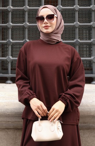 Zweiteiliges Set Aus Scuba-Stoff Mit Hijab-Tunika Und Rock 0221-04 Braun 0221-04