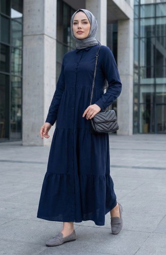 Buttoned Front Viscose Dress 1124-03 Navy Blue 1124-03