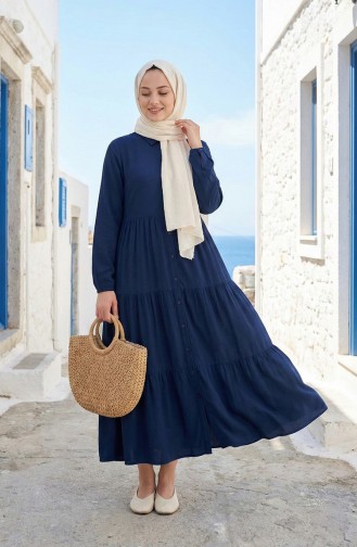 Buttoned Front Viscose Dress 1124-03 Navy Blue 1124-03