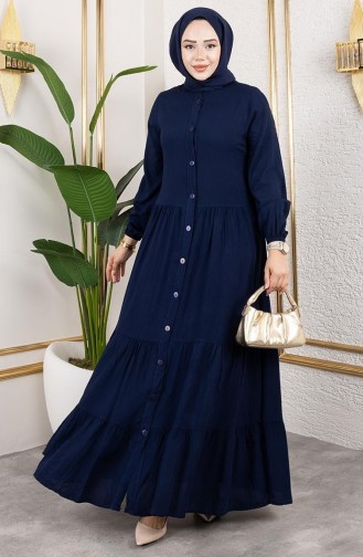 Buttoned Front Viscose Dress 1124-03 Navy Blue 1124-03