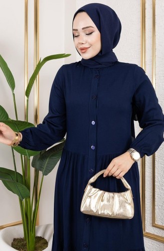 Buttoned Front Viscose Dress 1124-03 Navy Blue 1124-03
