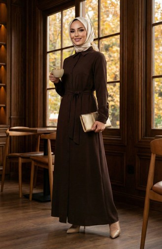 Önden Düğmeli Viskon Elbise 1124-09 Kahverengi