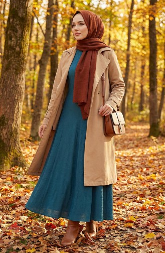 Volan Detaylı Bürümcük Elbise 7132-05 Petrol