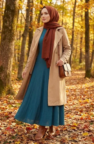 Volan Detaylı Bürümcük Elbise 7132-05 Petrol 7132-05