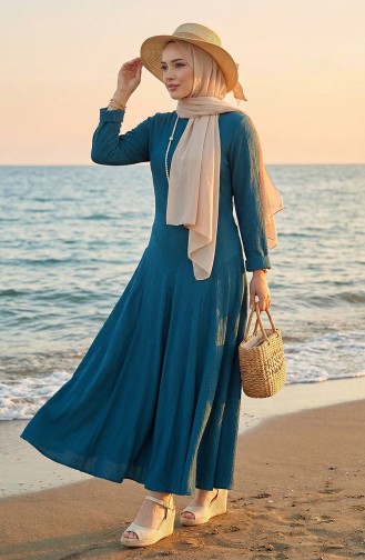 Volan Detaylı Bürümcük Elbise 7132-05 Petrol