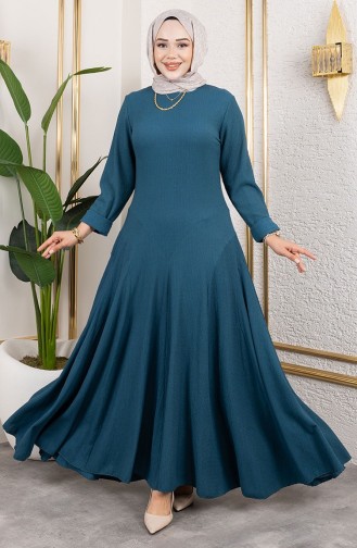 Volan Detaylı Bürümcük Elbise 7132-05 Petrol