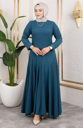 Volan Detaylı Bürümcük Elbise 7132-05 Petrol