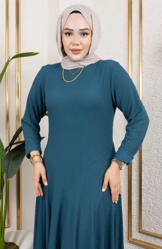 Volan Detaylı Bürümcük Elbise 7132-05 Petrol 7132-05