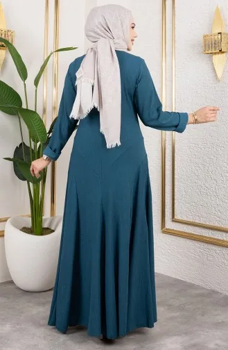 Volan Detaylı Bürümcük Elbise 7132-05 Petrol 7132-05