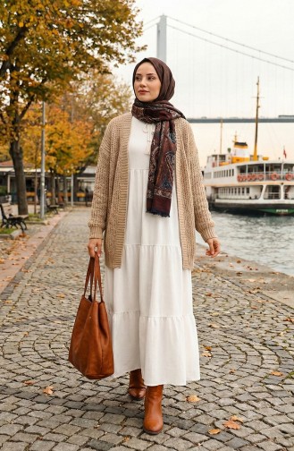Yaka Bağcıklı Kat Kat Elbise 4107-07 Ekru 4107-07