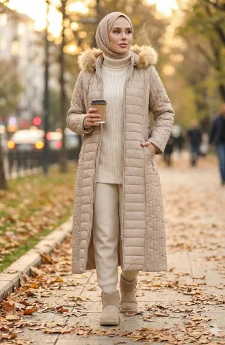 معطف مُبطن بتصميم موصول بقبعة 0813-05 لون بيج 0813-05