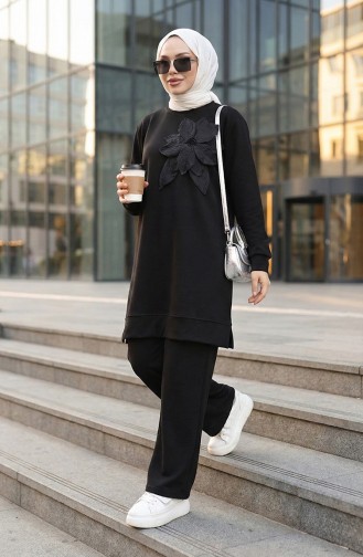 Oysho Fabric Flower Appliqued Hijab Two Piece Suit 0214-03 Black 0214-03