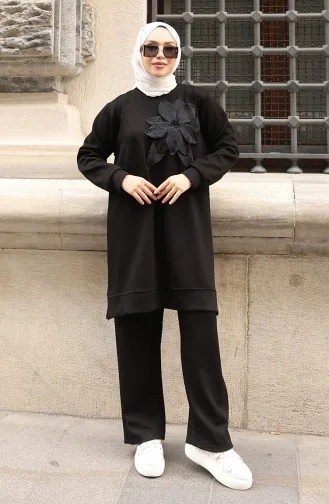 Ensemble Hijab Deux Pièces Oysho En Tissu Noir Orné D`appliqués Floraux 0214-03 0214-03