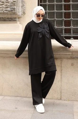 Ensemble Hijab Deux Pièces Oysho En Tissu Noir Orné D`appliqués Floraux 0214-03 0214-03