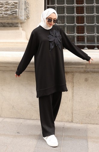 Oysho Fabric Flower Appliqued Hijab Two Piece Suit 0214-03 Black 0214-03