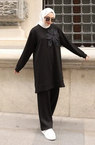 Ensemble Hijab Deux Pièces Oysho En Tissu Noir Orné D`appliqués Floraux 0214-03 0214-03