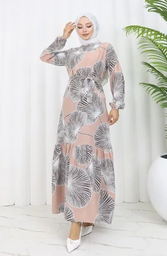 فستان منقوش بحزام 0445-02 فيزون بني 0445-02