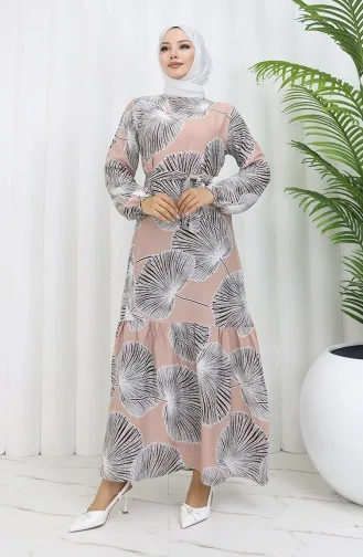 فستان منقوش بحزام 0445-02 فيزون بني 0445-02